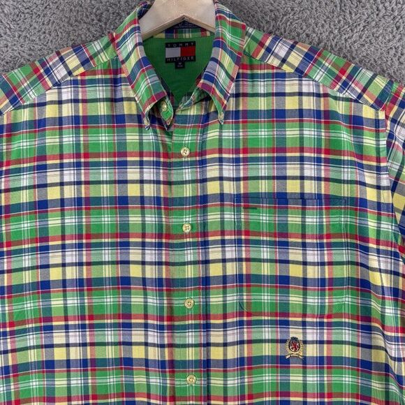 Vintage Tommy Hilfiger Shirt Mens Medium Green Plaid Crest 90s Y2K Camp Casual - Picture 3 of 13